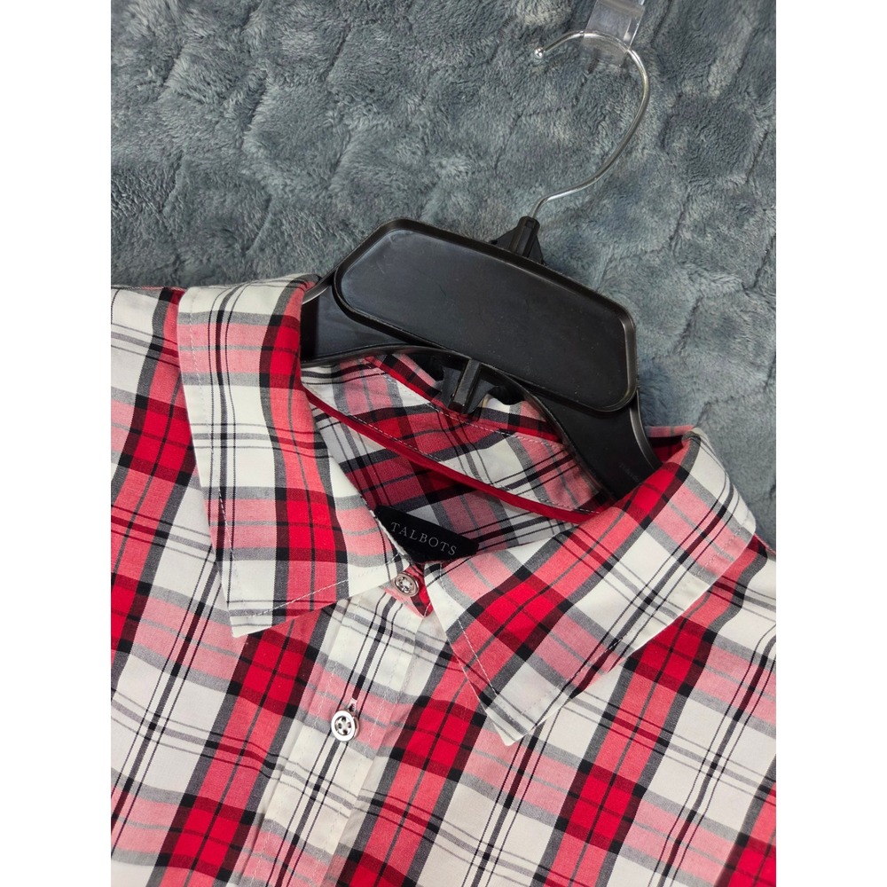 Talbots Red White Black Plaid Button Down Shirt Long Sleeve Cotton Stretch Sz 12